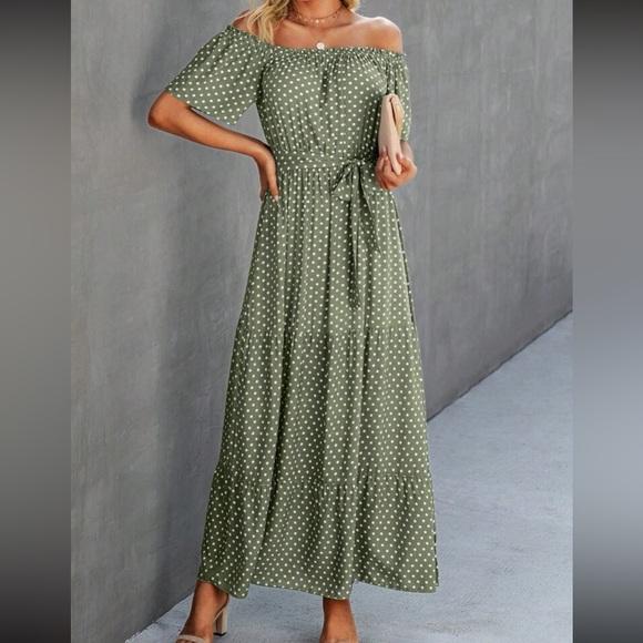 Boho polka dot off shoulder belted maxi dress - Picture 12 of 16